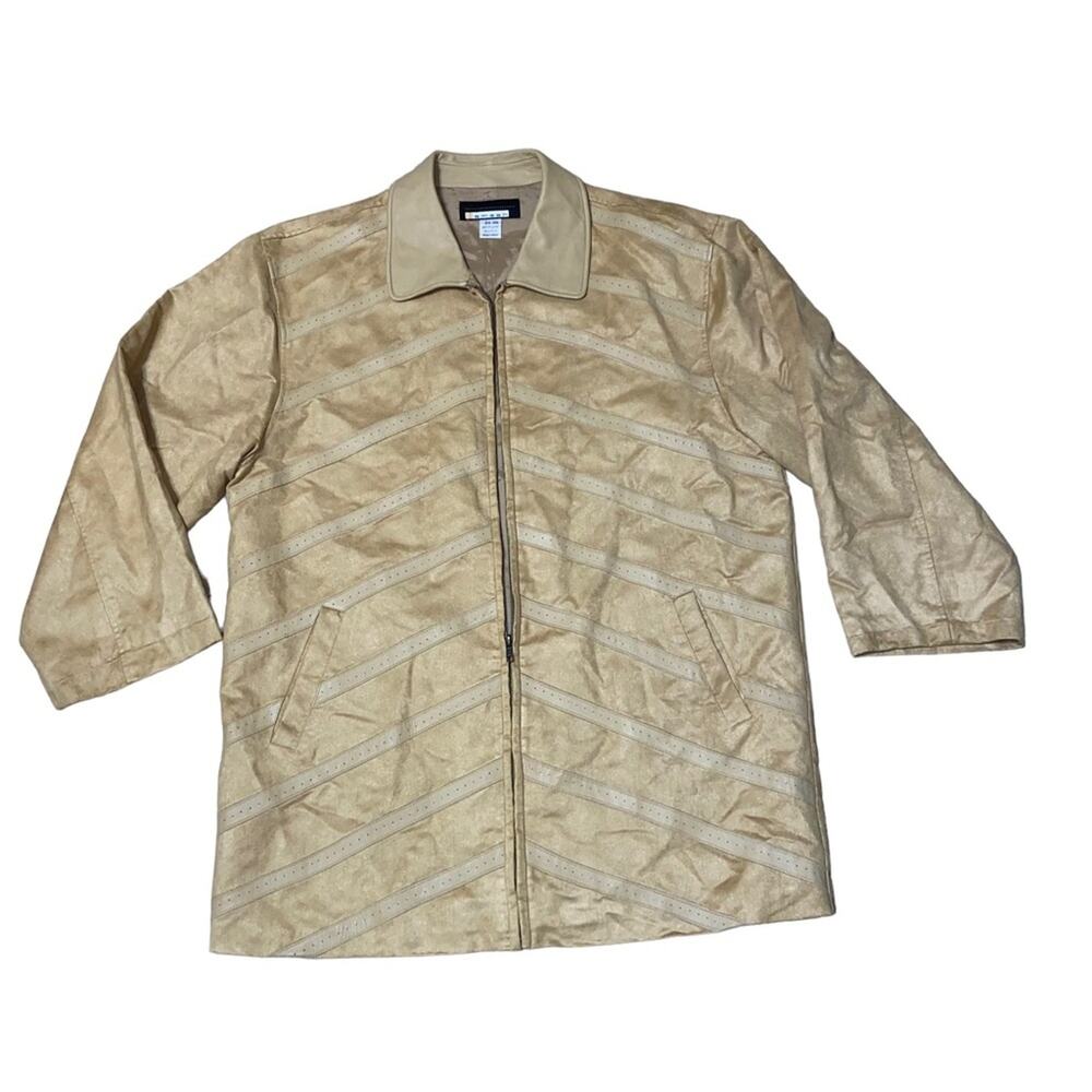 Vintage Faux Suede and Leather Full Zip Long Jacket Beige Cream plus size 3XL